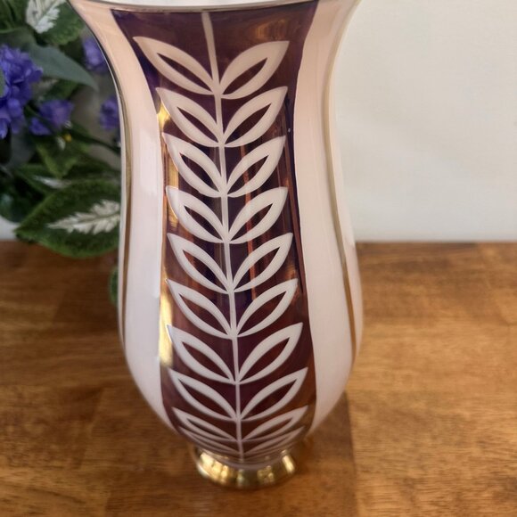 Vintage Plum and White Cased Cut Glass Vase Gold Trim Bohemian Style Leaf Motif - Picture 2 of 5